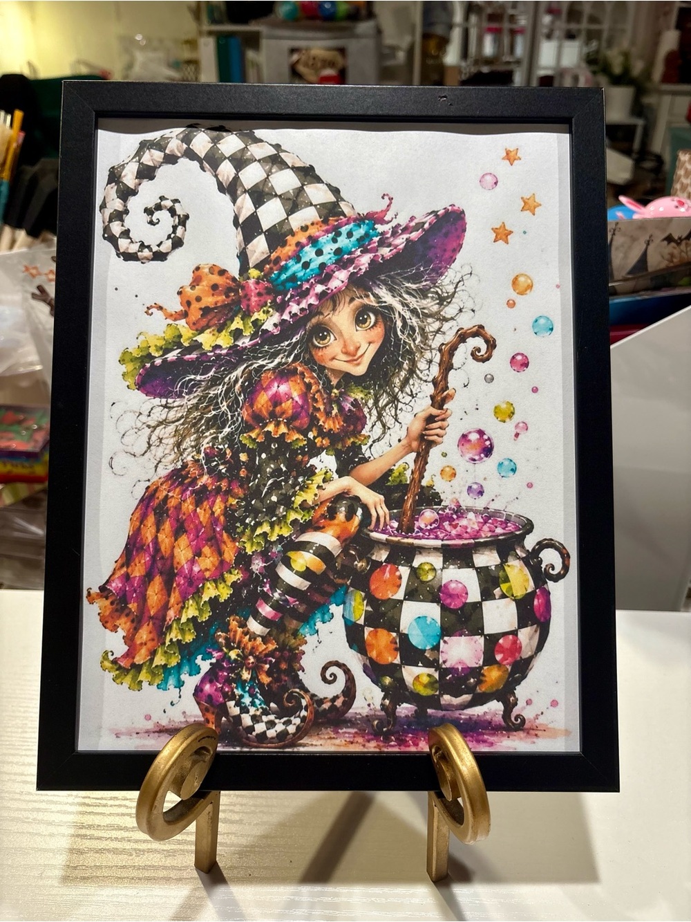 Framed Iconic Checkered Whimsical Witch Illustration 8x10 Wall Art Print